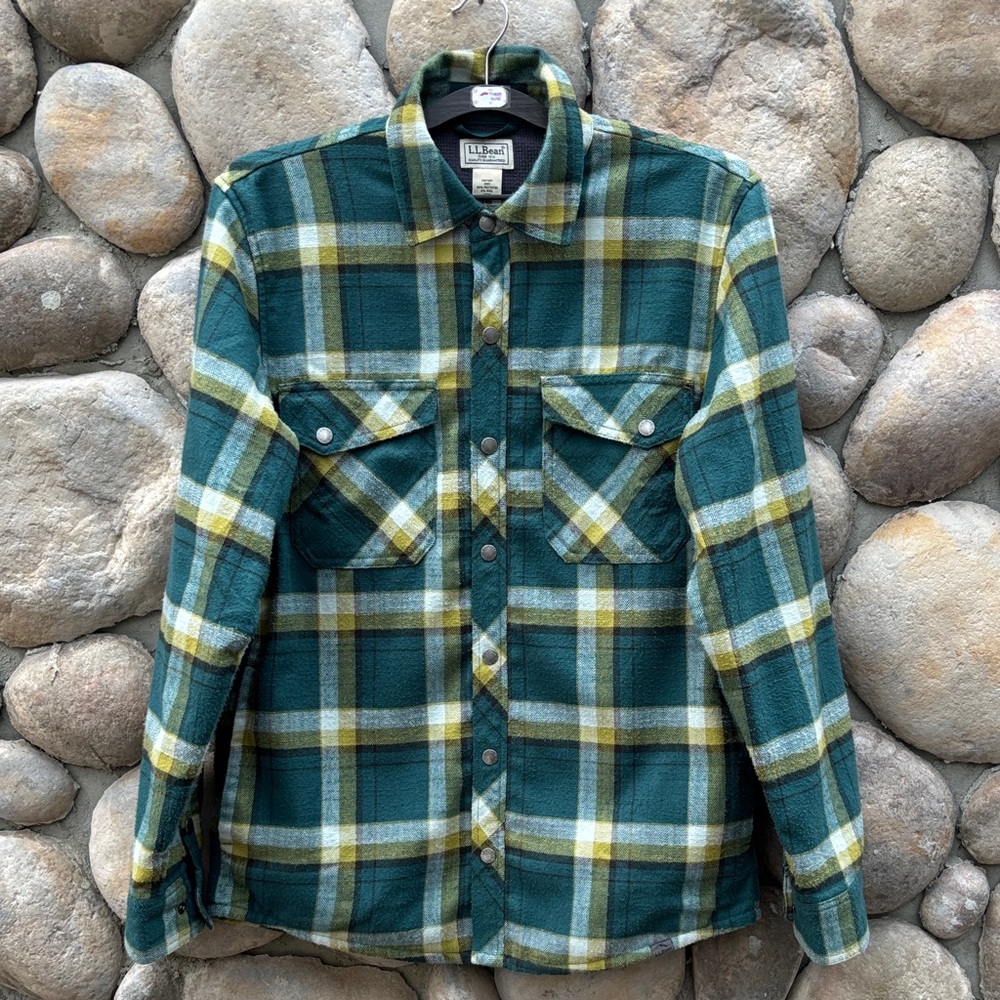 L.L. Bean Teal/Yellow/White Plaid Fleece-Lined Flannel Snap Front Shirt/Jacket